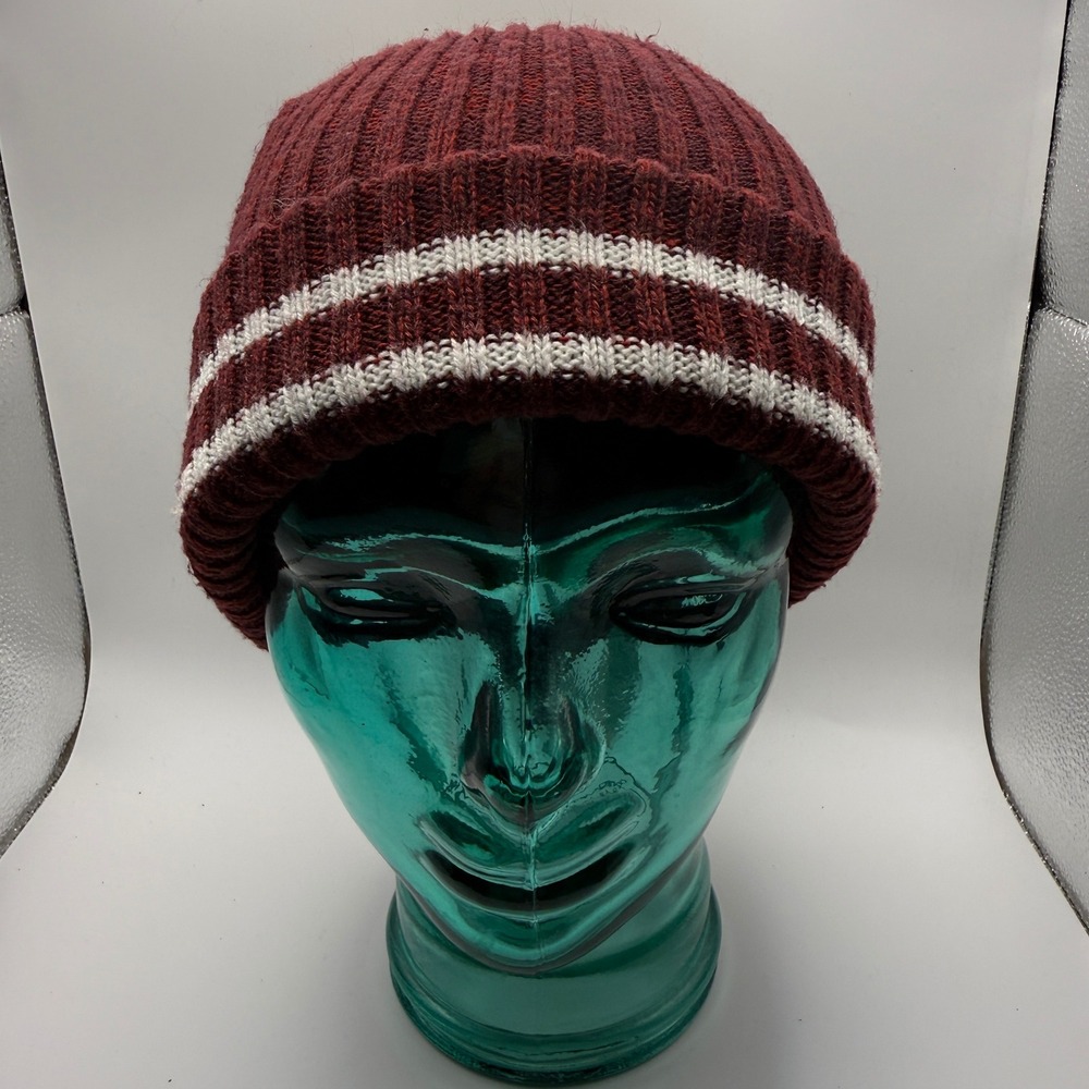 American Eagle Outfitters Maroon Burgundy Striped Ribbed Knit Beanie Hat OS
